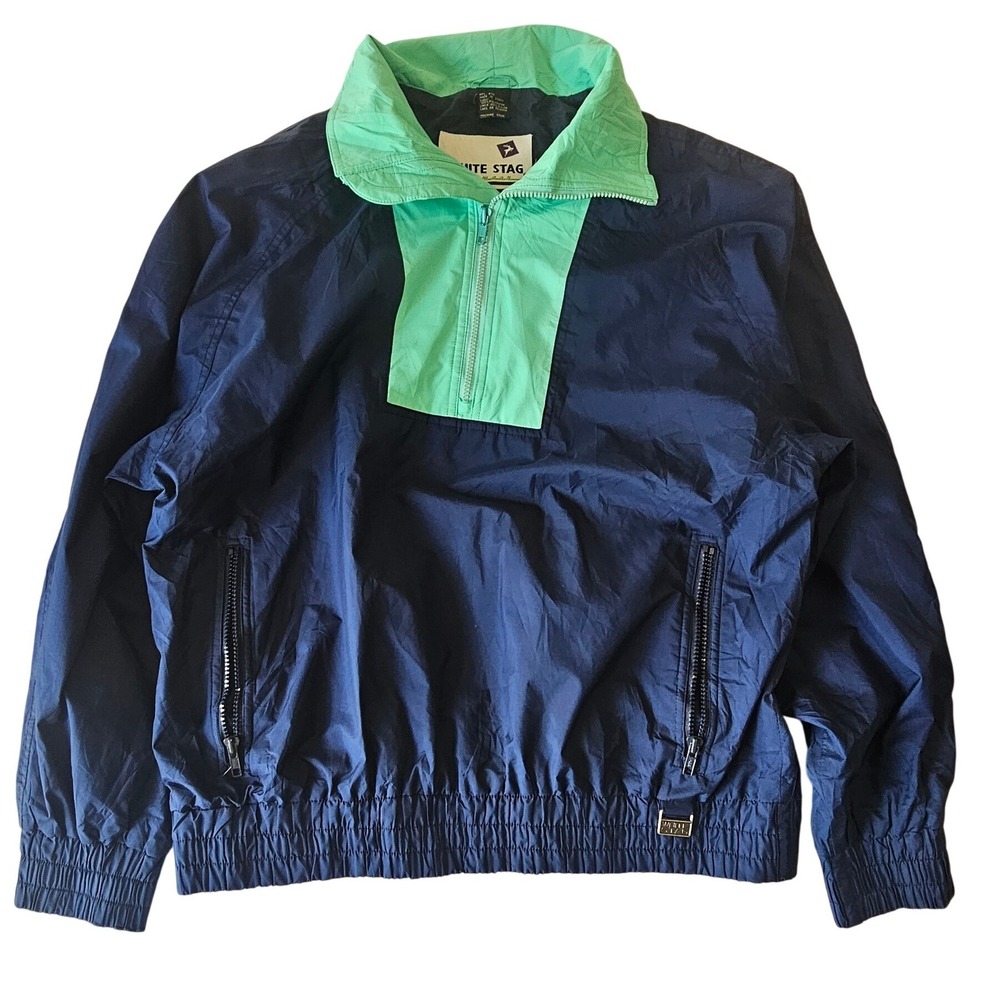 White Stag Vintage Mens Navy Green Colorblock Half Zip Windbreaker Jacket Size L